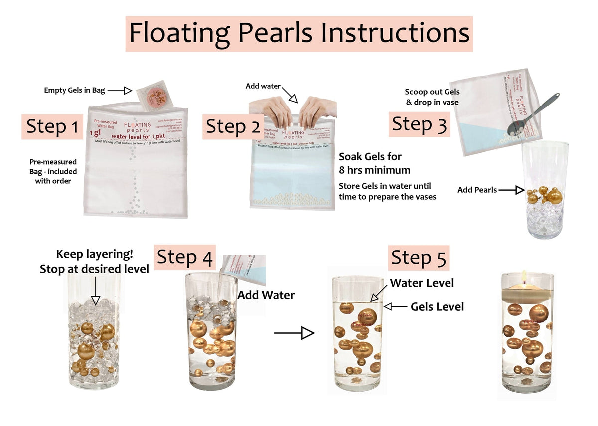 100 Floating Ivory Pearls and Ivory Gems - Large Sizes - Fills 2 Gallons of the Transparent Water Gels for the Floating Effect- With Exclusive Measured Prep Bags - Option: 6 Submersible Fairy Lights Strings