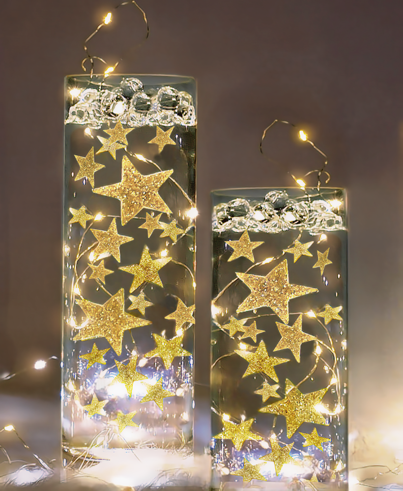 50 Floating Gold Stars-Sparkling- Large Sizes- Fills 1 Gallon of the Transparent Floating Gels for Your Vases- With Pre-Measured Prep Bags- Option of 3 Submersible Fairy Lights Strings