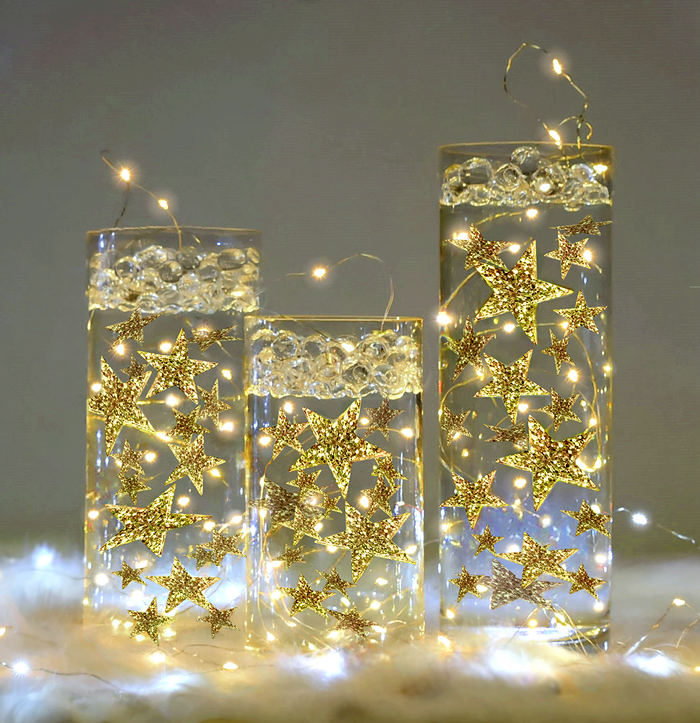 50 Floating Gold Stars-Sparkling- Large Sizes- Fills 1 Gallon of the Transparent Floating Gels for Your Vases- With Pre-Measured Prep Bags- Option of 3 Submersible Fairy Lights Strings