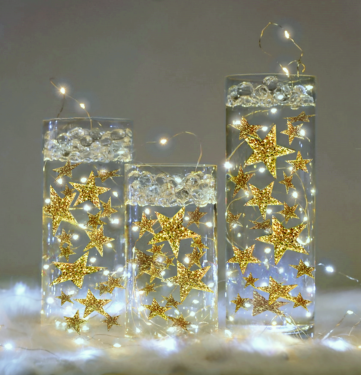 50 Floating Gold Stars-Sparkling- Large Sizes- Fills 1 Gallon of the Transparent Floating Gels for Your Vases- With Pre-Measured Prep Bags- Option of 3 Submersible Fairy Lights Strings