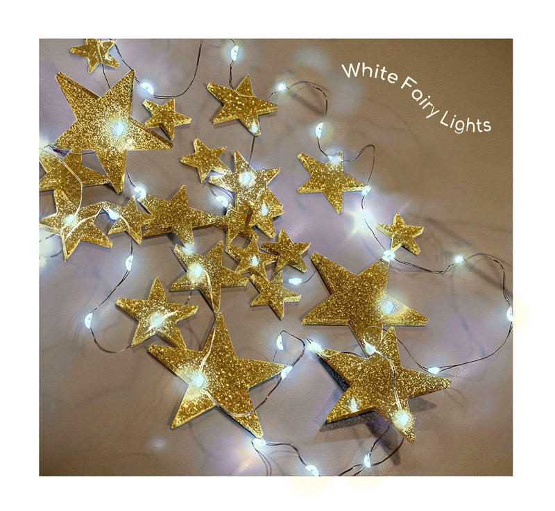 50 Floating Gold Stars-Sparkling- Large Sizes- Fills 1 Gallon of the Transparent Floating Gels for Your Vases- With Pre-Measured Prep Bags- Option of 3 Submersible Fairy Lights Strings