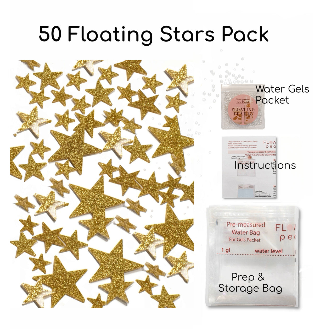 50 Floating Gold Stars-Sparkling- Large Sizes- Fills 1 Gallon of the Transparent Floating Gels for Your Vases- With Pre-Measured Prep Bags- Option of 3 Submersible Fairy Lights Strings