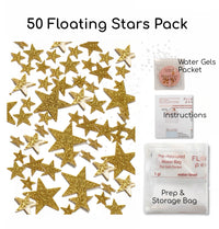 50 Floating Gold Stars-Sparkling- Large Sizes- Fills 1 Gallon of the Transparent Floating Gels for Your Vases- With Pre-Measured Prep Bags- Option of 3 Submersible Fairy Lights Strings