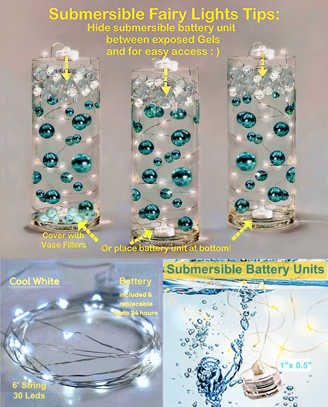 75 Floating Glitter Patriotic Stars & Red/Blue Color Effects- Fill 1 Gallon of Transparent Gels for Floating Effect-With Measured Floating Gels Bag-Option 3 Submersible LED Fairy Lights Strings with Hidable and Submersible Battery
