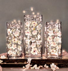 60 Floating Ivory White Light Pink Cherry Blossoms Flowers- Matching Pebbles & Pearls- Fills 1 Gallon of the Floating Transparent Water Gels for Your Vases- With Exclusive Measured Prep Bag- And Option of 3 Submersible Fairy Lights Strings