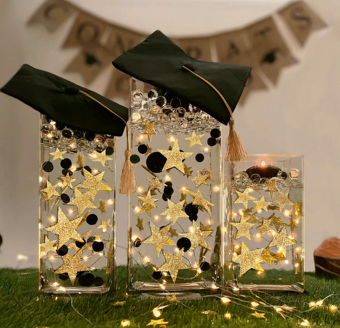 50 Floating Gold Stars-Sparkling- Large Sizes- Fills 1 Gallon of the Transparent Floating Gels for Your Vases- With Pre-Measured Prep Bags- Option of 3 Submersible Fairy Lights Strings