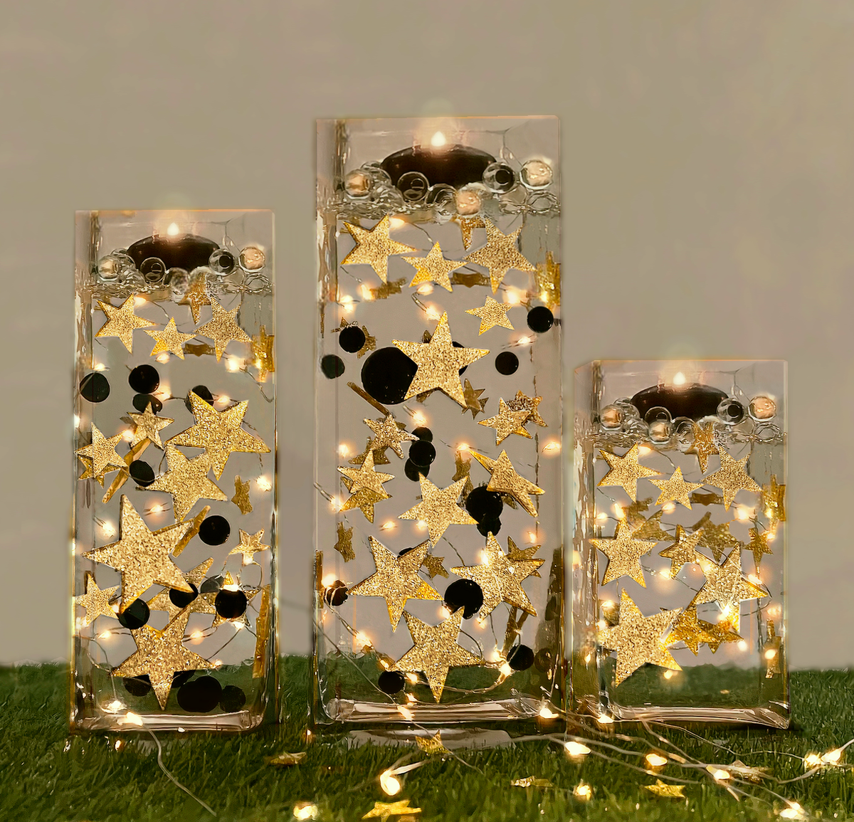 50 Floating Gold Stars-Sparkling- Large Sizes- Fills 1 Gallon of the Transparent Floating Gels for Your Vases- With Pre-Measured Prep Bags- Option of 3 Submersible Fairy Lights Strings