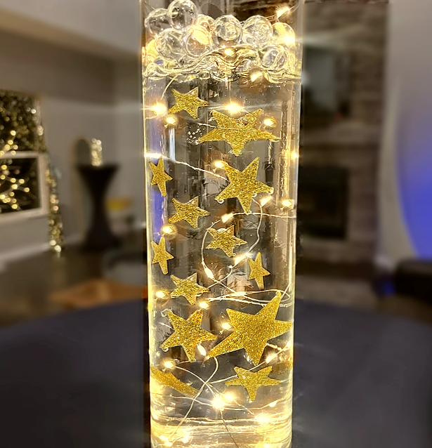 50 Floating Gold Stars-Sparkling- Large Sizes- Fills 1 Gallon of the Transparent Floating Gels for Your Vases- With Pre-Measured Prep Bags- Option of 3 Submersible Fairy Lights Strings