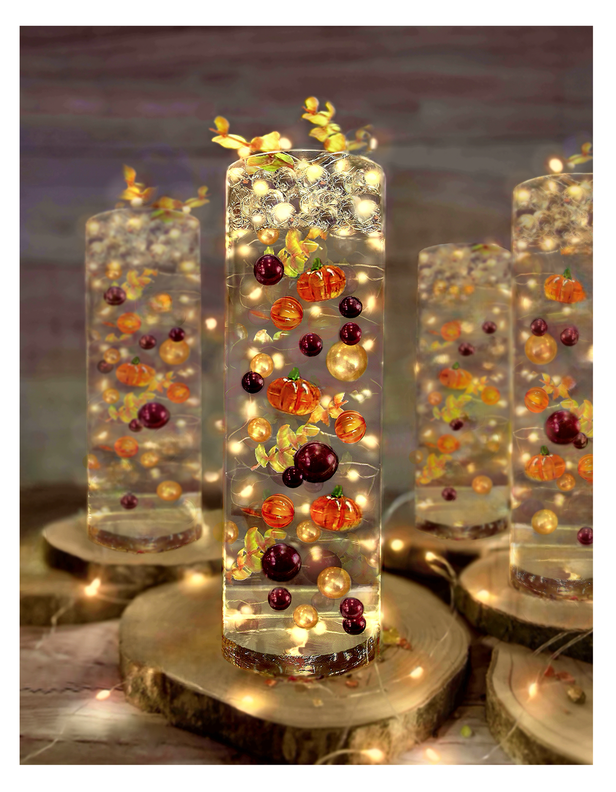 50 Floating Fall Thanksgiving Pumpkins Leaves & Pearls- With Transparent Water Gels Fills 1 Gallon for Your Vases- Option 3 Submersible LED Fairy Lights Strings with Hidable and Submersible Battery