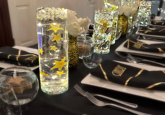 50 Floating Gold Stars-Sparkling- Large Sizes- Fills 1 Gallon of the Transparent Floating Gels for Your Vases- With Pre-Measured Prep Bags- Option of 3 Submersible Fairy Lights Strings