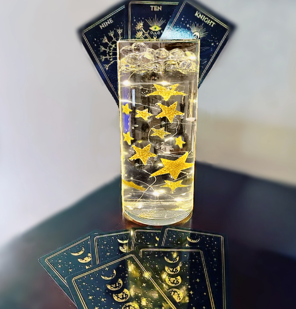 50 Floating Gold Stars-Sparkling- Large Sizes- Fills 1 Gallon of the Transparent Floating Gels for Your Vases- With Pre-Measured Prep Bags- Option of 3 Submersible Fairy Lights Strings